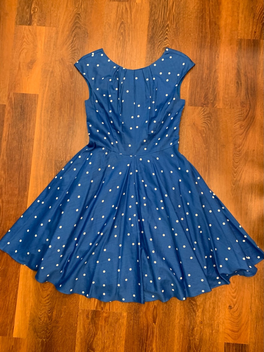 BODEN Polka Dot Flower Show Dress Size 6 Blue White Fit Flare Rockabilly Flirty